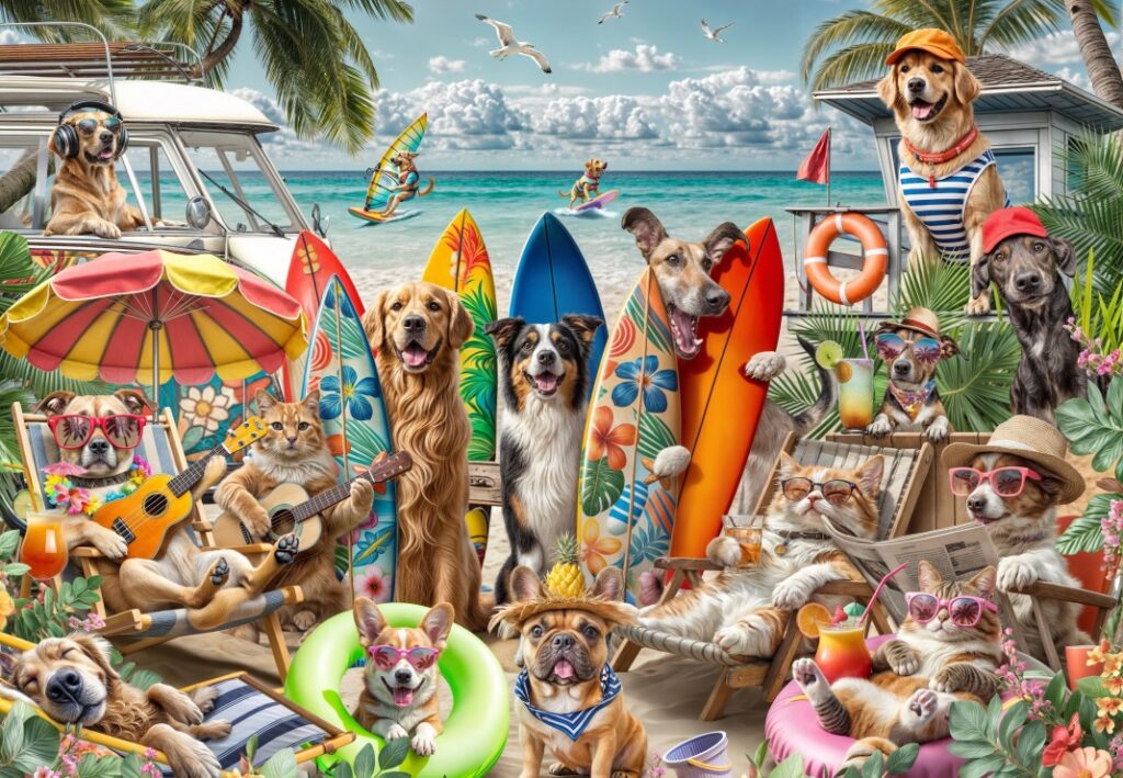 Pussel – Dogs and Cats at the Beach 1000 bitar